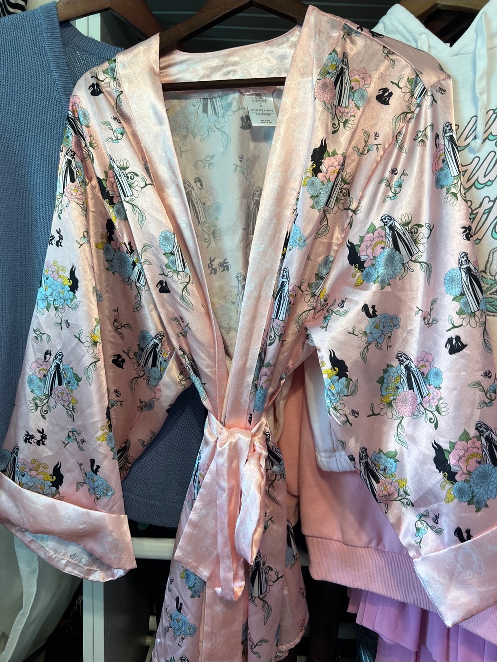 Silky Pink Disney Sleeping Beauty Floral Kimono Robe with Belt